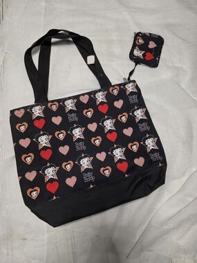 Betty Boop Black Tote with Red and Cream Heart Print